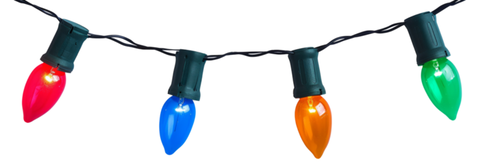 Christmas light bulbs on string in multi colours; blue, yellow, red, pink and green on white background for Xmas, new year or special event celebration (tree ornament concept)