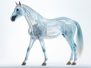 Obraz premium A Horse With A Semi-transparent Skeleton Showcasing A Detailed, Glowing Skeletal Structure On A Clean Pastel Light And White Isolated Background For Commercial Photograph