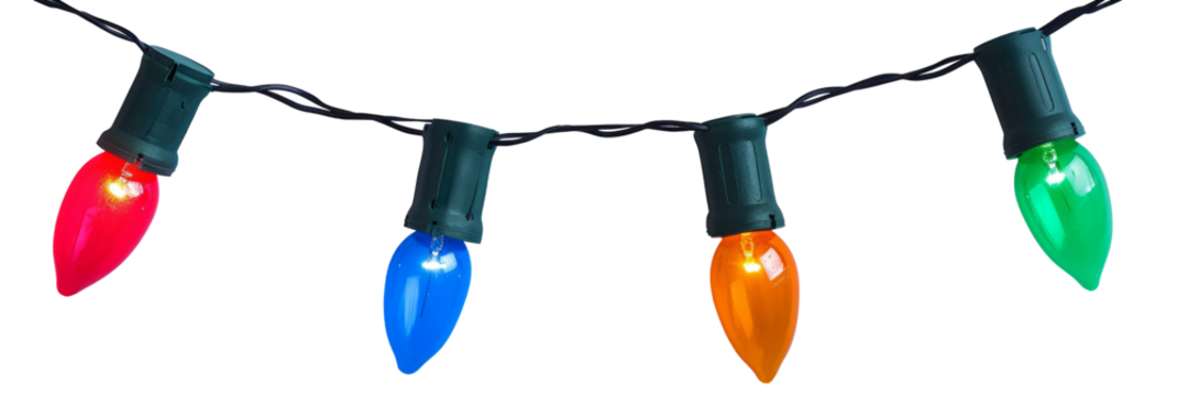 Christmas light bulbs on string in multi colours; blue, yellow, red, pink and green on white background for Xmas, new year or special event celebration (tree ornament concept)