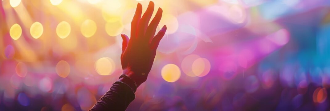 Christian worship with praise to God Ready to raise your hand at the Christian music concert, Holy City. copy space event