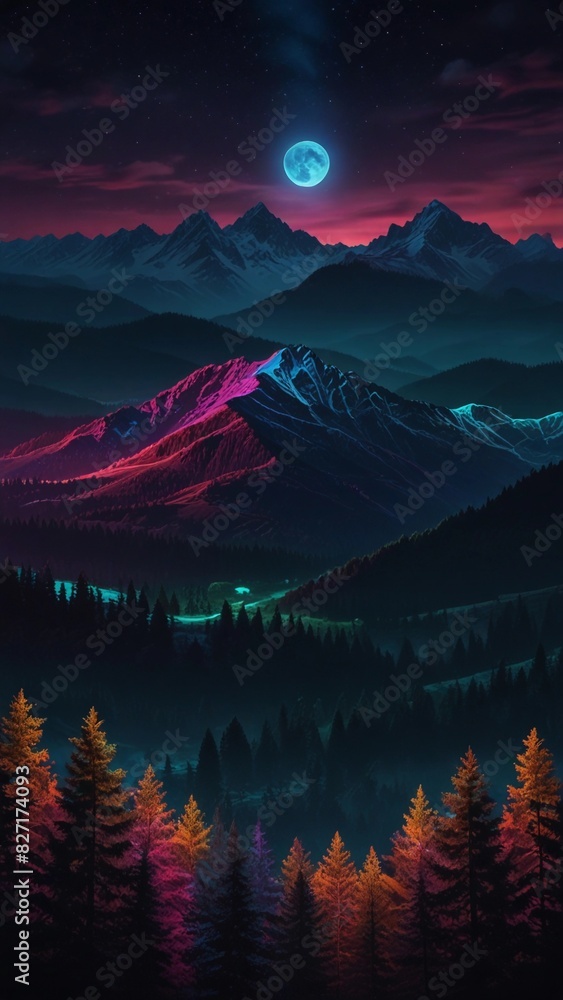 Wall mural illustration of mountains with beautiful moon