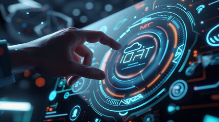 Fototapeta premium A man is holding a tablet with a blue screen that says 10. The image is of a futuristic scene with a lot of technology and bright colors