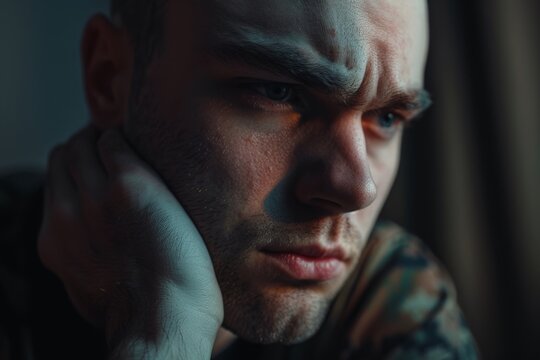 Tired pensive devote belief navy force young guy hero face cry hope hand pain love dark black old retro home room sun light text space Worry human feel lost despair frown upset warfare believe concept