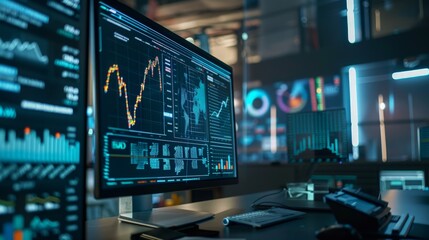 Naklejka premium Big Data Technology for Business Finance Analytic Concept. Modern graphic interface shows massive information of business sale report, profit chart and stock market trends analysis on screen monitor