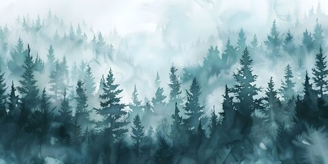 Watercolor Forest Pattern in Soft Misty Tones on White Background. Concept Watercolor Art, Forest Theme, Soft Tones, Misty Background, White Canvas