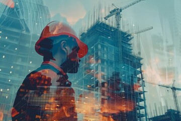 Future building construction engineering project concept with double exposure graphic design. Building engineer, architect people or construction worker working with modern civil equipment technology