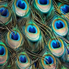 Fototapeta premium Elegant peacock feathers, vibrant blues and greens, detailed and luxurious, ideal for a sophisticated decor