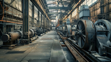 A large industrial building with a lot of machinery and a large machine in the middle. Scene is industrial and somewhat eerie