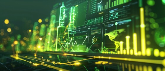 Energy sector data chart, using green and yellow tones with energyrelated icons, modern and clear, ideal for renewable energy and environmental presentations