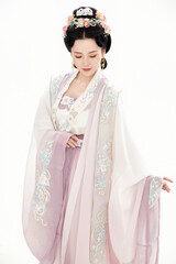 A woman wearing ancient Chinese clothing against a white background.