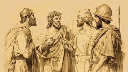 Biblical Illustration of Jesus Before Herod Antipas, Herod Questioning, Soldiers Mocking, Beige Background, Copyspace