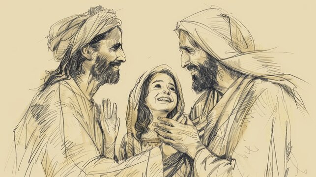 Jesus Raising Jairus' Daughter, Parents Overjoyed, Jesus Saying 'Talitha Koum', Biblical Illustration, Beige Background, Copyspace