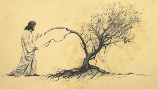 Biblical Illustration of Jesus and the Fig Tree, Cursing Barren Tree, Withering, Beige Background, Copyspace