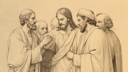 Naklejka premium Jesus Healing Man with Dropsy on Sabbath, Pharisees Watching Closely, Biblical Illustration, Beige Background, Copyspace