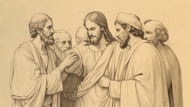 Jesus Healing Man with Dropsy on Sabbath, Pharisees Watching Closely, Biblical Illustration, Beige Background, Copyspace