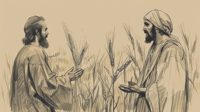 Biblical Illustration of Jesus Explaining Parable of Sower to Disciples, Different Types of Soil, Beige Background, Copyspace