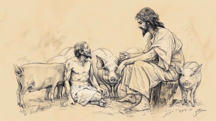 Fototapeta na wymiar Jesus Casting Out Demons into Herd of Pigs, Healed Man at His Feet, Biblical Illustration, Beige Background, Copyspace
