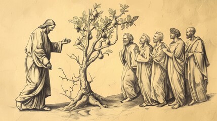 Fototapeta premium Biblical Illustration of Jesus Cursing Fig Tree for Bearing No Fruit, Disciples Marveling as It Withers, Beige Background, Copyspace