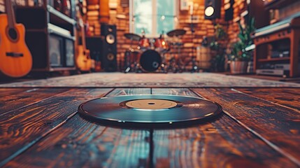 Develop a blank CD case mockup on a music studio desk with instruments in the background