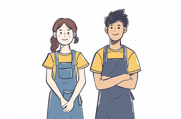 Obraz premium A guy and a barista girl with a smile on their face. Business coffee shop. Corporate environment, characters on a flat white background. A set of watercolor illustrations of barista people.