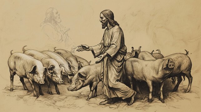 Jesus Healing Man with Dropsy on Sabbath, Pharisees Watching Closely, Biblical Illustration, Beige Background, Copyspace