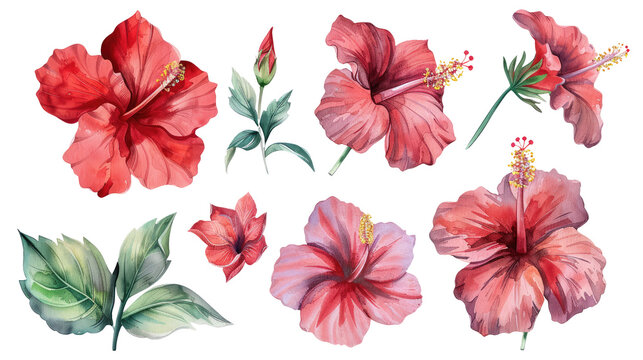 hibiscus flowers clipart set png isolated on white or transparent background
