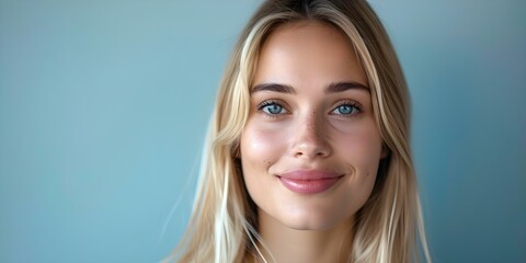 Fototapeta premium Blonde woman with a sleek hair and a smile poses against a soft colored backdrop. Concept Blonde Woman, Sleek Hair, Soft Colored Backdrop, Smile, Pose