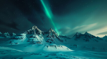 Natural landscape with beautiful view of snowy mountains with northern lights at night. Natural phenomenon above the Arctic Circle with aurora at night. Nature concept.