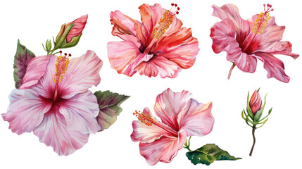 set of hibiscus flowers clipart isolated on transparent background
