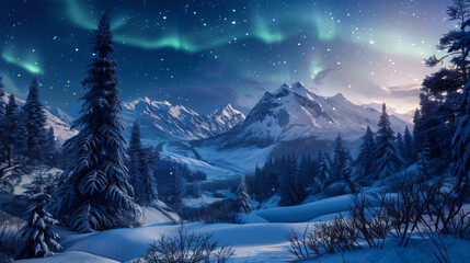 Natural landscape with beautiful view of snowy mountains with northern lights at night. Natural phenomenon above the Arctic Circle with aurora at night. Nature concept.