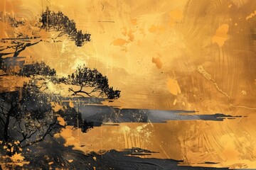 Abstract artistic background. Hand-painted, Chinese style, artistic conception landscape painting, golden texture. Ink landscape painting. modern Art
