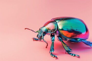 Fototapeta premium Colorful Beetle on Pink Surface