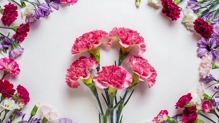 Flowers composition spring floral background flat lay top view pink carnation on white background