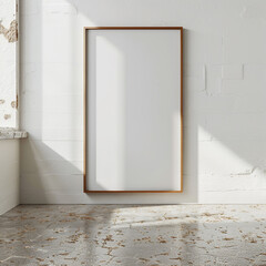 High-quality mockup of a blank frame in an empty room with a white wall and a rubber floor. 3D render in ultra HD.