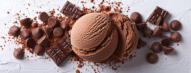 Wide banner photo of delicious scoop of brown color chocolate ice cream sorbet on an icecream cup with chocolate pieces and powder around in white background