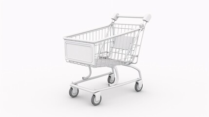 A highly detailed 3D realistic white shopping cart isolated against a clean white background, showcasing intricate features like the wireframe basket, sturdy wheels, and handle, perfect for