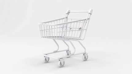 A highly detailed 3D realistic white shopping cart isolated against a clean white background, showcasing intricate features like the wireframe basket, sturdy wheels, and handle, perfect for