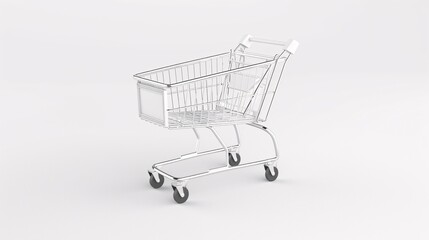 An elegant 3D realistic white shopping cart on a pristine white background, highlighting its precise construction, sleek lines, and polished appearance, ideal for modern and sophisticated visual