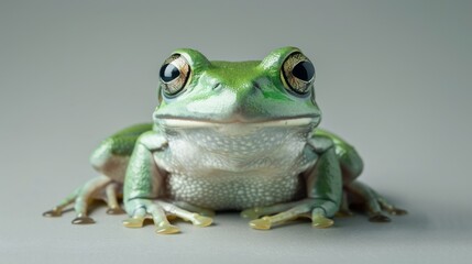 Fototapeta premium Green and White Frog Sitting on White Surface