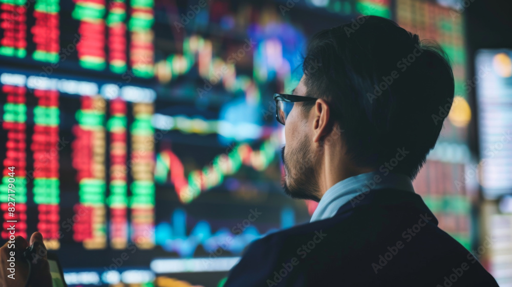 Poster rear view of a man near a digital screen with graphs on a large background. an investor evaluates an