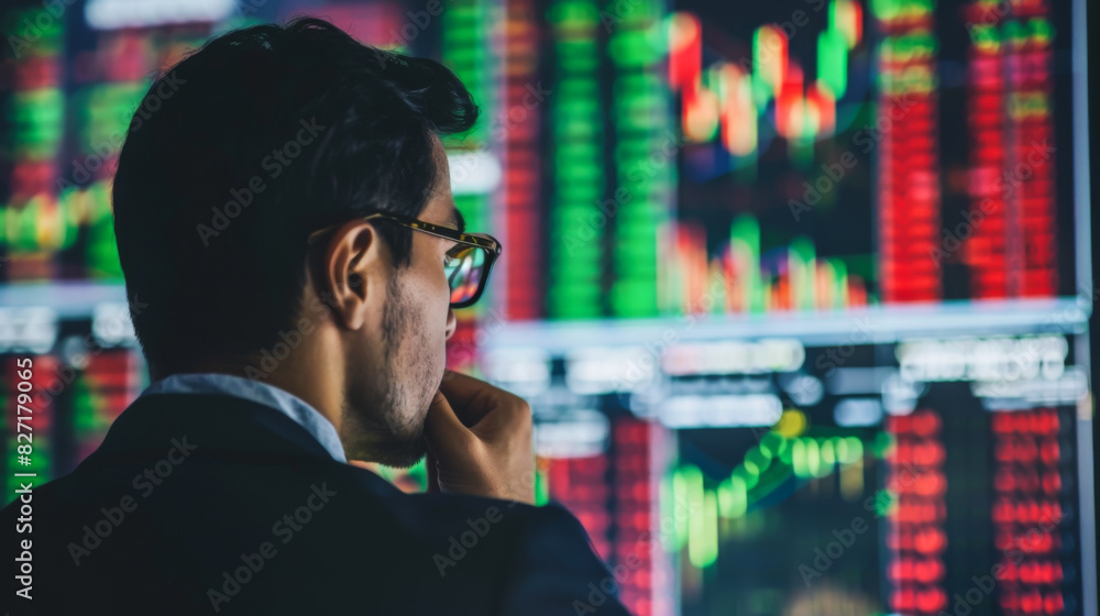 Poster rear view of a man near a digital screen with graphs on a large background. an investor evaluates an
