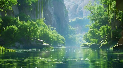 Tranquil river flowing through a verdant valley, bordered by towering cliffs and lush foliage.