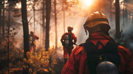 Naklejka premium Firefighter coordination during a forest fire, focus on strategy and leadership, selective focus, nature theme, dynamic, Blend mode, woodland firefight.