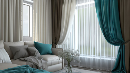 elegant taupe curtains featuring teal sheer panels, allowing natural light to filter into the living room 