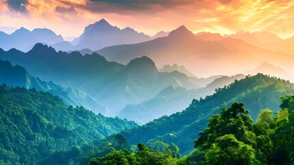 A breathtaking mountain range with a colorful sunset casting a golden hue over the peaks, lush green forest in the foreground. - Powered by Adobe