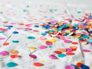 A lively celebration with colorful pieces of confetti scattered on a white tablecloth.