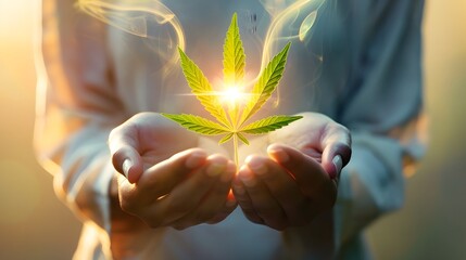 Hands delicately holding a cannabis leaf with an aura of light surrounding a glowing human figure, symbolizing holistic wellness and healing energy.