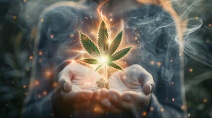 Hands delicately holding a cannabis leaf with an aura of light surrounding a glowing human figure, symbolizing holistic wellness and healing energy.