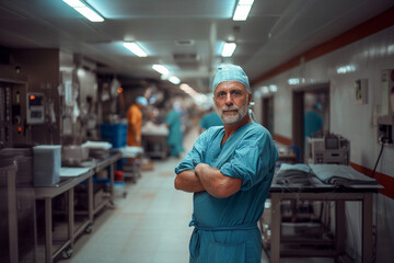 Obraz premium Man in gown standing in a hospital room