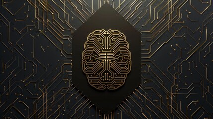 Circuit board brain vector logo, black background, golden metal texture, circuit lines, symmetrical composition, tech elements, artificial intelligence concept